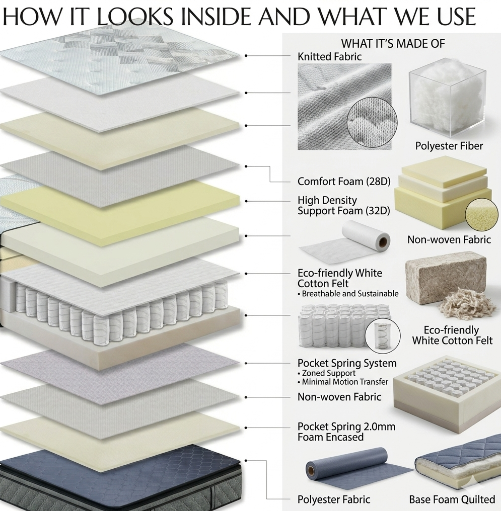 Diagram showing the layers and materials of a mattress with text labels.