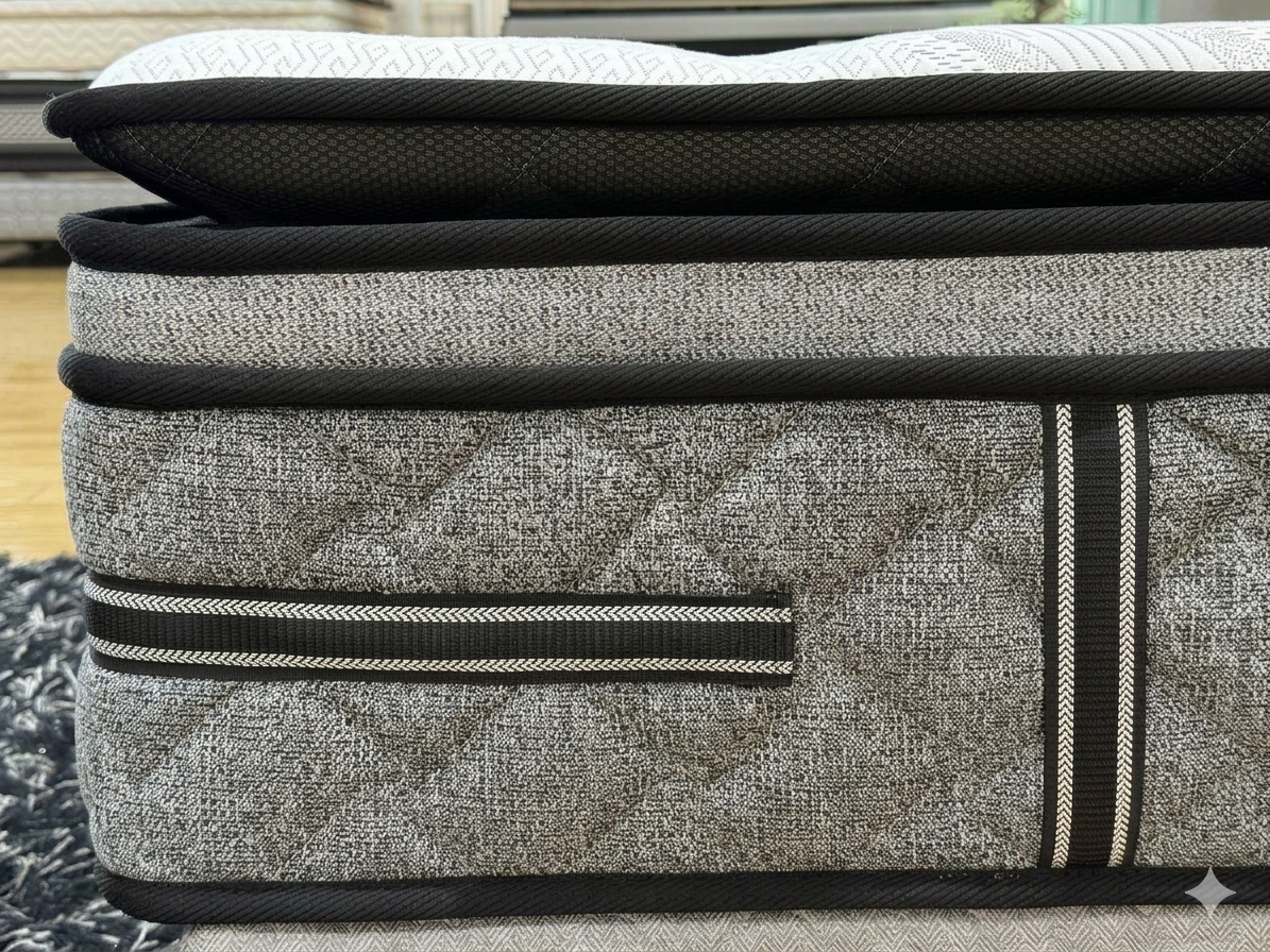 Gray mattress with black straps on a wooden floor