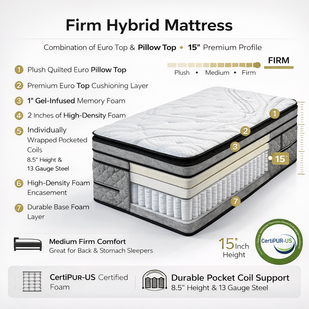 Firm hybrid mattress with layer diagram and CertiPUR-US certification on a white background