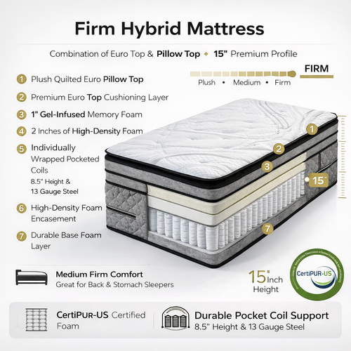 Firm hybrid mattress with layer diagram and CertiPUR-US certification on a white background