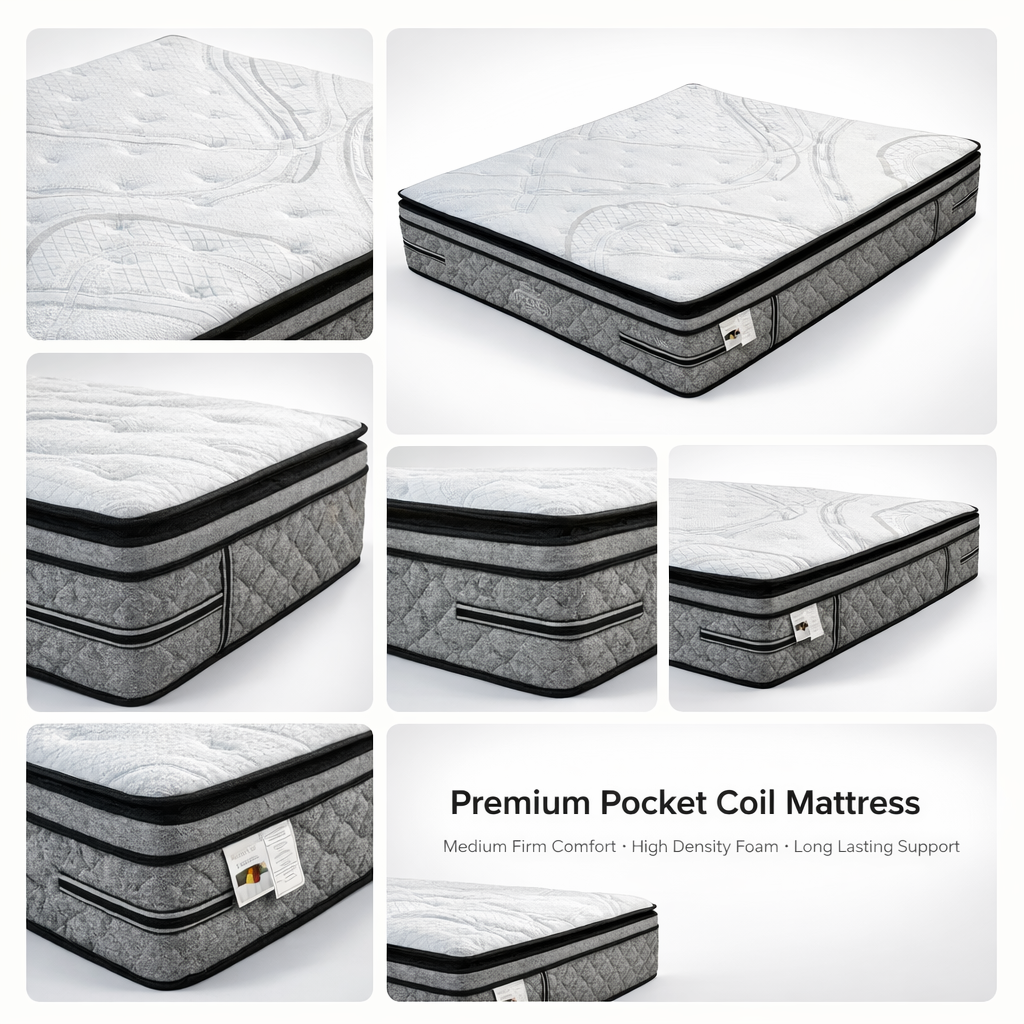 Collage of a premium pocket coil mattress with various angles shown.