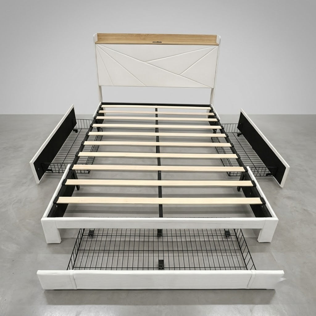 Upholstered Bed Frame with 3 Drawer Storage & USB Charging Port – Slatted Base | Grey & Beige Fabric