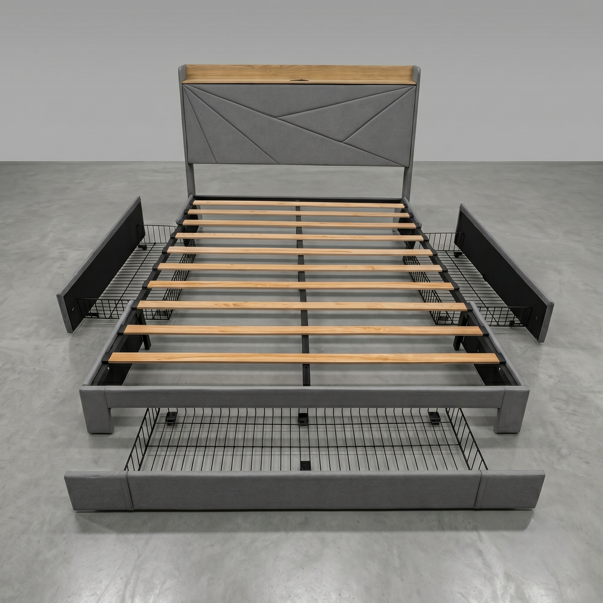 Upholstered Bed Frame with 3 Drawer Storage & USB Charging Port – Slatted Base | Grey & Beige Fabric