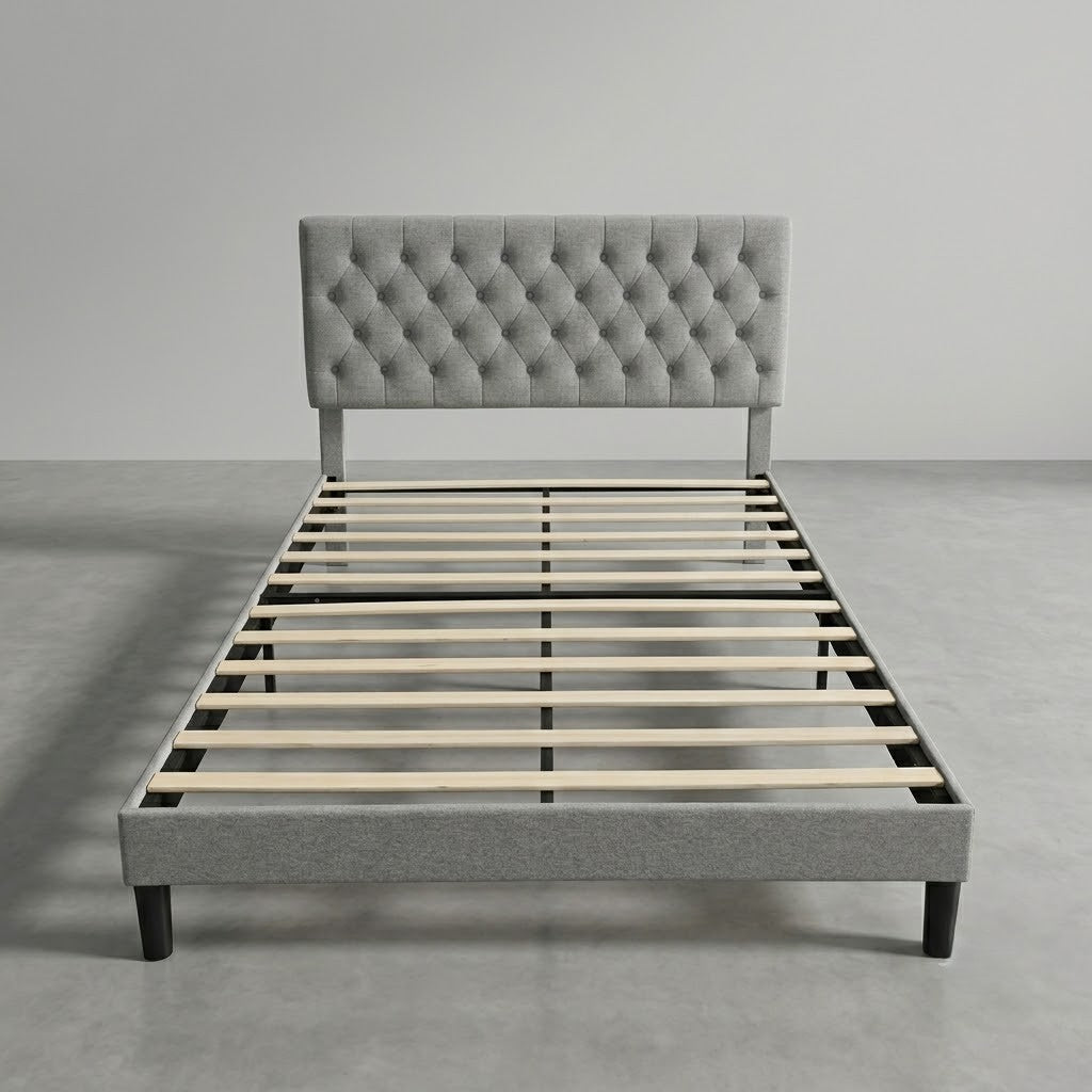Diamond Tufted Bed Frame with Slatted Base – Grey Fabric & White Leather | Queen & King