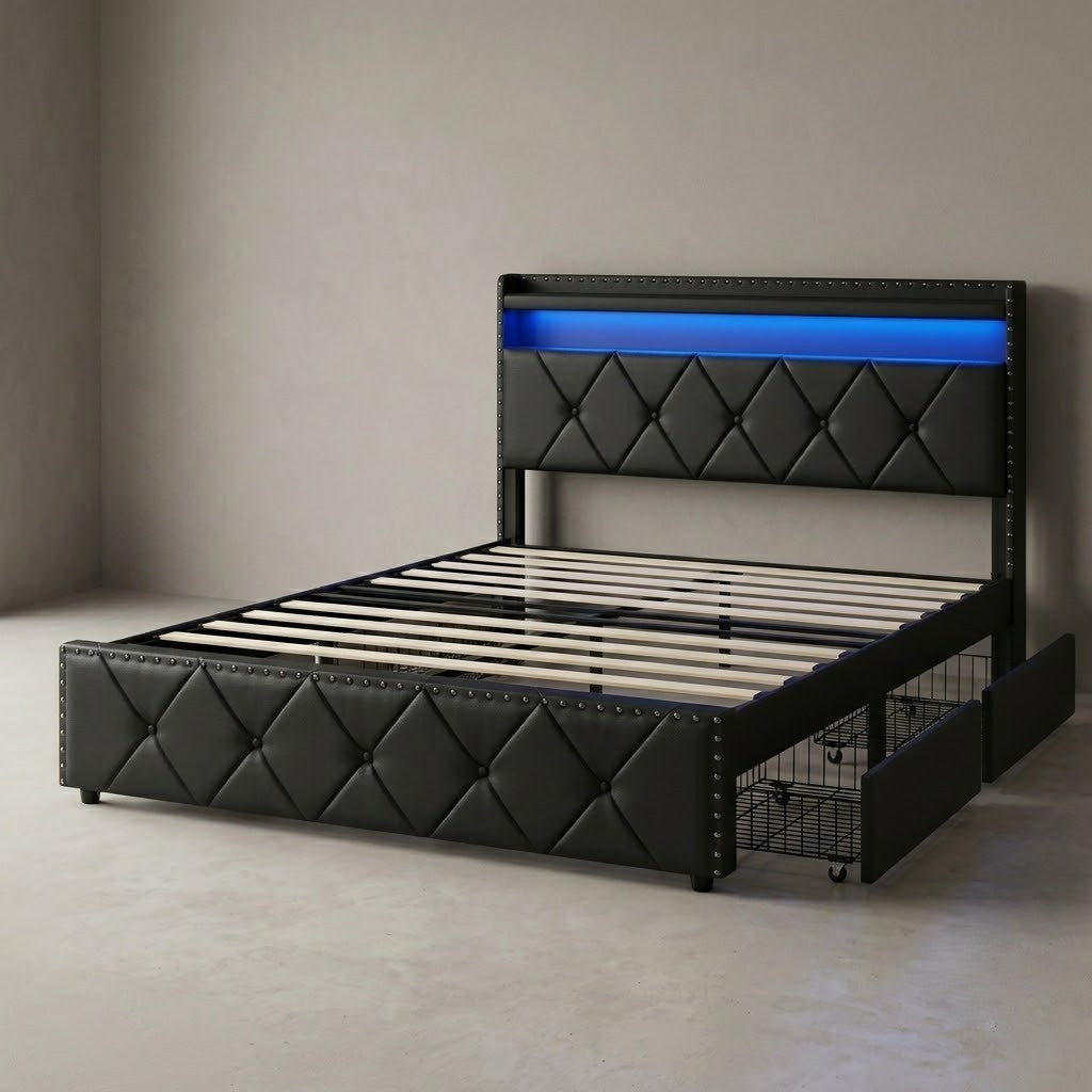 Upholstered Leather Bed Frame with LED Lights & 2 Storage Drawers – Queen | Black & Beige