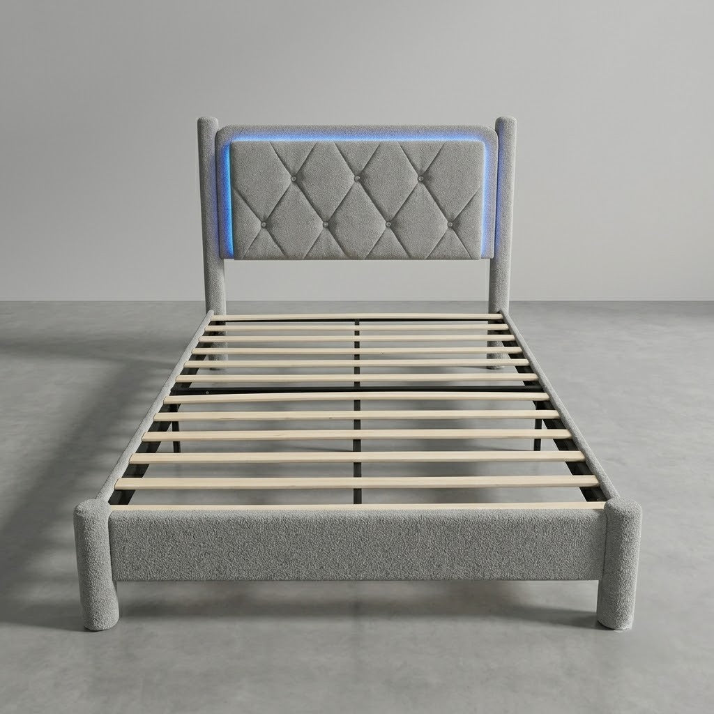 Upholstered Bed Frame with LED Lights & USB Charging Port – Grey & Beige Fabric