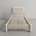 Upholstered Bed Frame with LED Lights & USB Charging Port – Grey & Beige Fabric