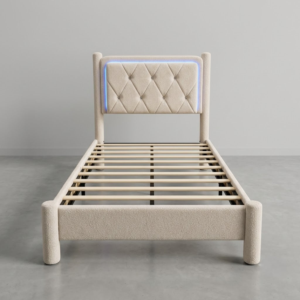 Upholstered Bed Frame with LED Lights & USB Charging Port – Grey & Beige Fabric