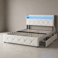 Upholstered Leather Bed Frame with LED Lights & 2 Storage Drawers – Queen | Black & Beige