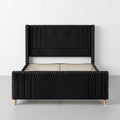 Modern Black Velvet Queen Bed Frame with High Headboard & Footboard