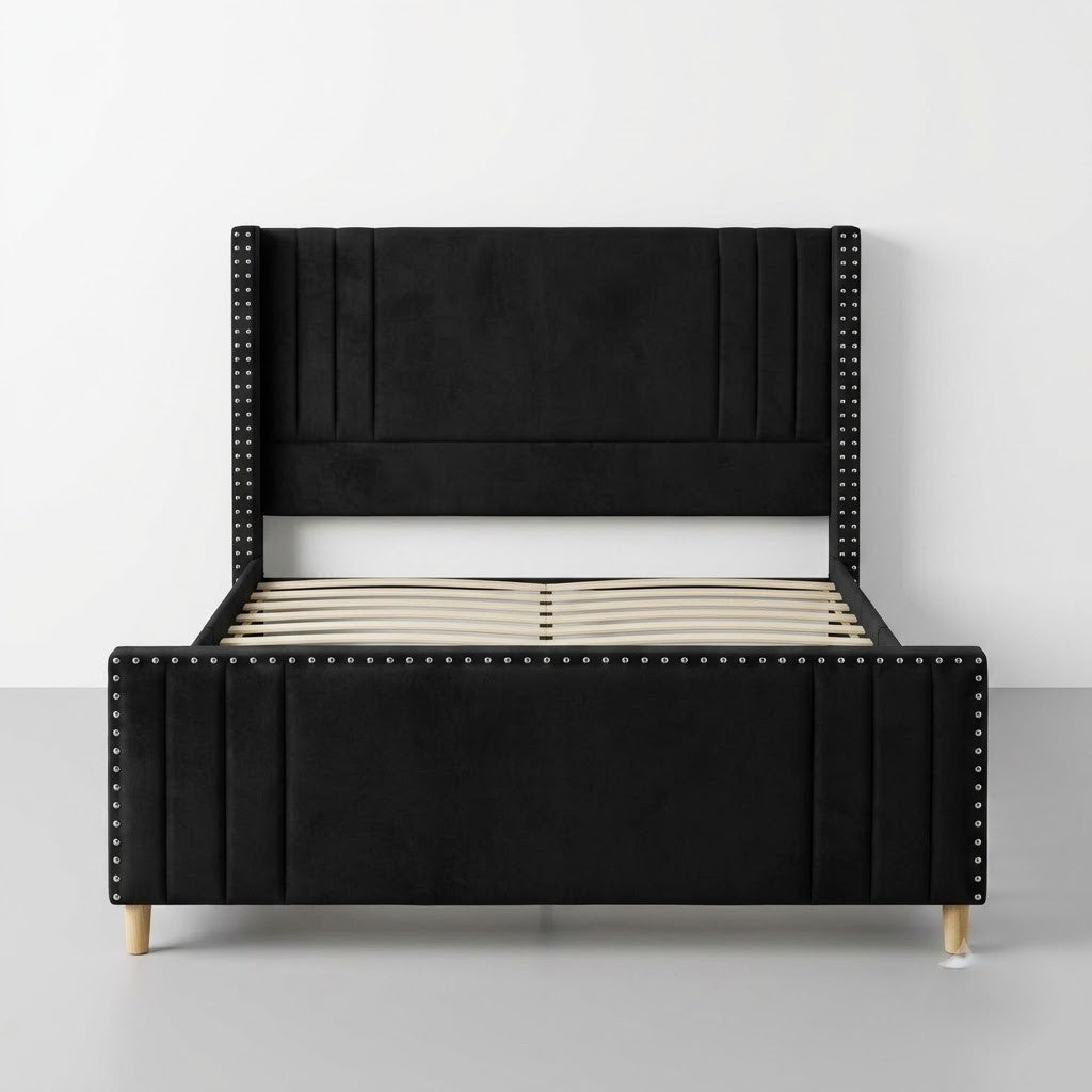 Modern Black Velvet Queen Bed Frame with High Headboard & Footboard