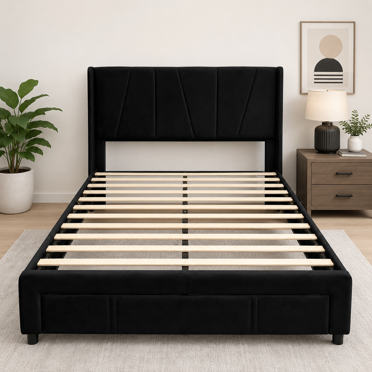 Modern Velvet Queen Bed Frame with Front Drawer Storage – Black & Beige