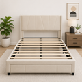 Modern Velvet Queen Bed Frame with Front Drawer Storage – Black & Beige