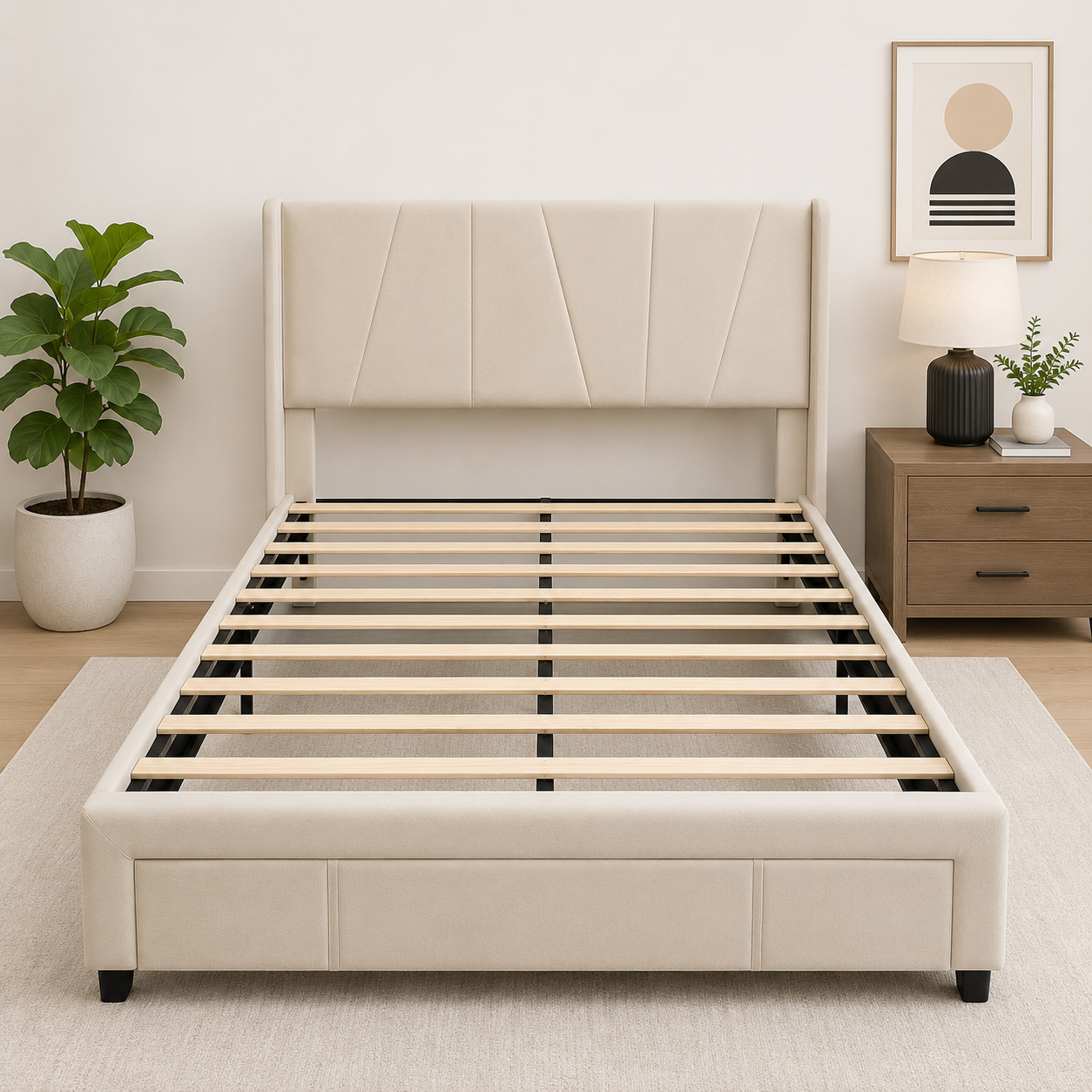 Modern Velvet Queen Bed Frame with Front Drawer Storage – Black & Beige