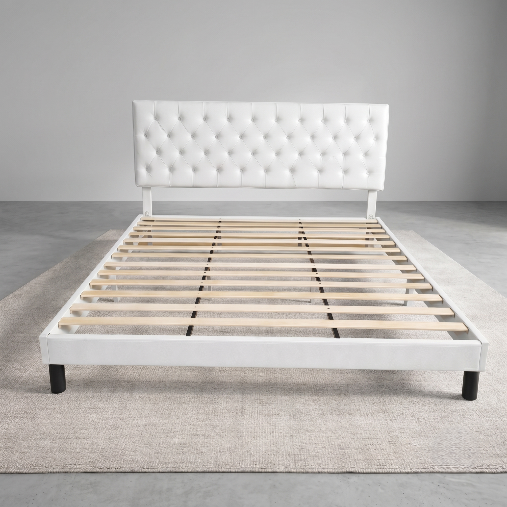 Diamond Tufted Bed Frame with Slatted Base – Grey Fabric & White Leather | Queen & King