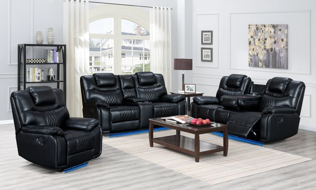 Leather Manual Recliner Sofa Set with LED Lights