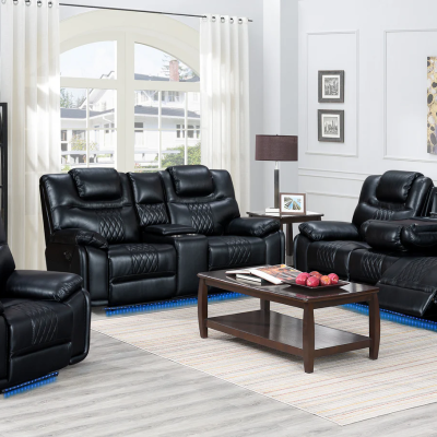 Leather Manual Recliner Sofa Set with LED Lights