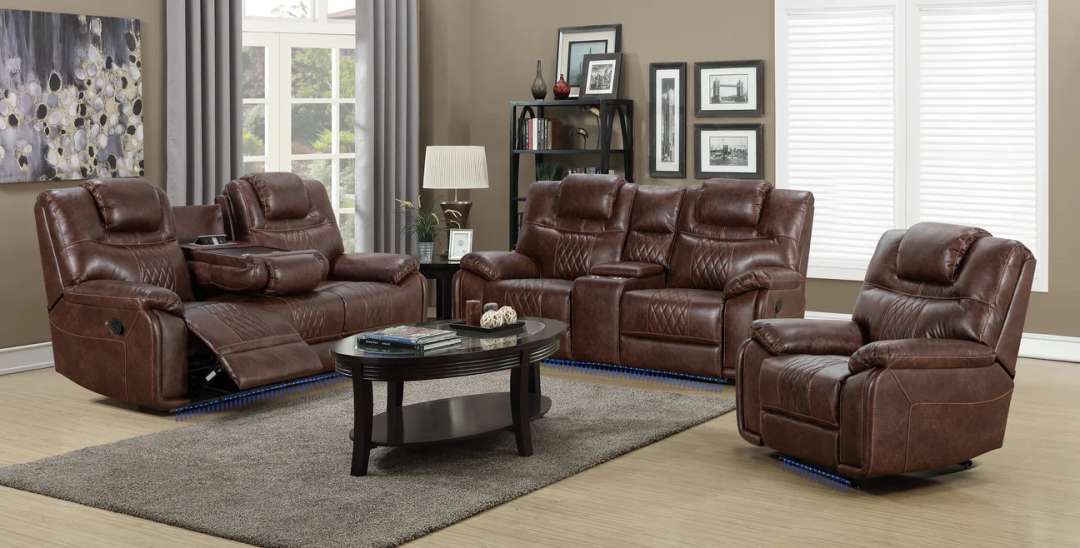 Leather Manual Recliner Sofa Set with LED Lights - Image 5